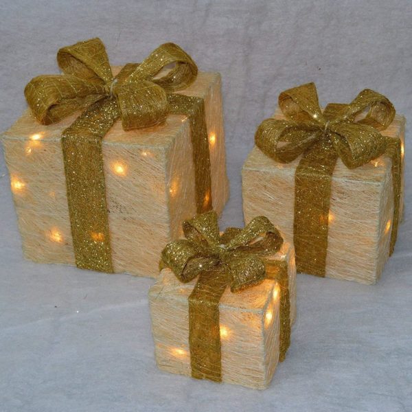 Premier Christmas Decorations Glitter Parcels Light Up Light up Gift Boxes With 40 WW LEDs Set of 3 15-20-25cm - Cream Parcels And Gold Bows