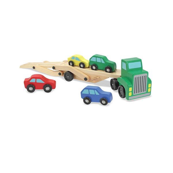 Melissa & Doug Car Transporter Truck & Cars Wooden Toy Set - Compatible With Wooden Train Tracks - Multicolour