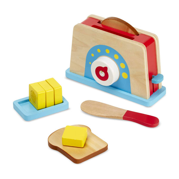 Melissa & Doug Bread And Butter Toaster Set - 9 Pcs Wooden Play Food And Kitchen Accessories - Multicolour