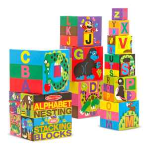 Melissa & Doug Alphabet Nesting & Stacking Cardboard Blocks - 10 Cardboard Nesting Blocks Each of Them in a Different Size Showing Lettersand Familiar Pictures - Multicolour