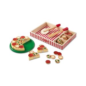 Melissa & Doug Pizza Party Wooden Play Food Set – 6 Sliceable Wooden Pizza Slices And 54 Pieces Toppings  – Multicolour
