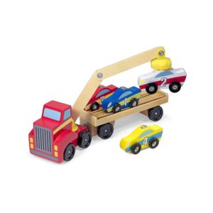 Melissa & Doug Magnetic Car Loader Wooden Toy Set Includes Red Truck With Magnetic Arm Car-Carrier Trailer & 4 Magnetic Wooden Cars – Multicolor