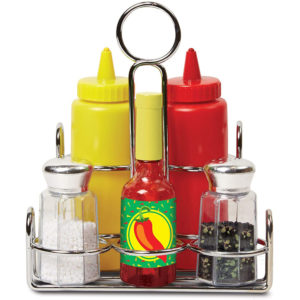 Melissa & Doug Let's Play House! Condiment Set - 6 Pieces - Pretend Play Sturdy Metal Caddy Realistic Sound Effects - Multicolour