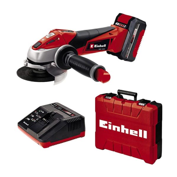 Einhell TE-AG 18V 115 Li Cordless Angle Grinder With 3.0 Ah PXC Battery Charger And Storage Case Kit - Red And Black