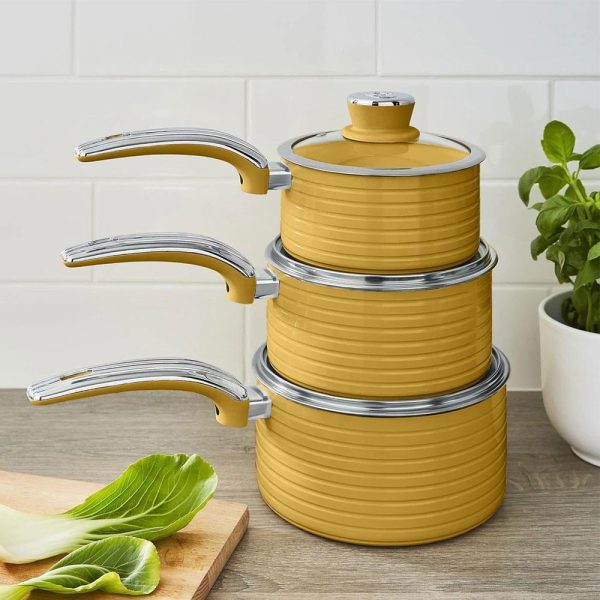 Swan Retro 3 Piece Saucepan Set With Glass Lids 16cm/18cm/20cm - Yellow - Image 2