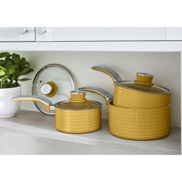 Swan Retro 3 Piece Saucepan Set With Glass Lids 16cm/18cm/20cm - Yellow - Image 3