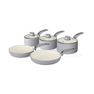 Swan Retro Non Stick Saucepans And Frying Pans 5 Piece Set With Glass Lid - Grey
