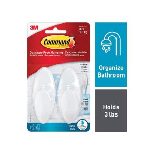 3M Command Bathroom Hooks Medium 2 Hooks And 2 Strips 1.3 kg Holding Power – Frosted