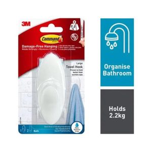 3M Command Bathroom Towel Hook Large 1 Hook And 1 Large Strip 2.2kg Holding Power - Frosted