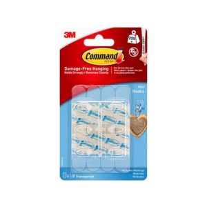 3M Command Mini Hooks With Strips Mini 6 Hooks And 8 Small Strips 225g Holding Power - Clear/Transparent