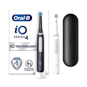 Oral-B Series 4 iO Electric Toothbrush Duo Pack 2 Toothbrush Heads With Travel Case - Matte Black And White