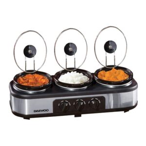 Daewoo Triple Slow Cooker With 3 Individual Heat Settings & Non Stick Ceramic Stainless Steel 3 x 1.5 Litres - Black & Silver