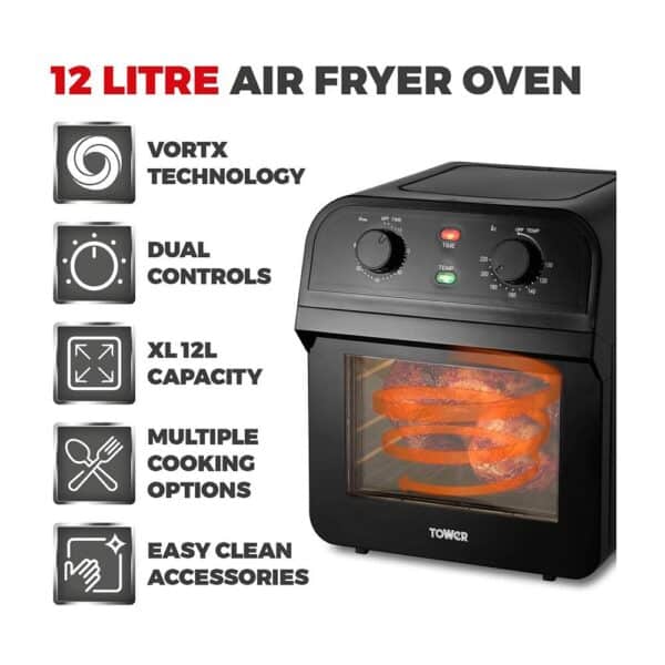 Tower Manual Air Fryer Oven With Rapid Air Circulation & 10 Preset Cooking Options 12 Litre - Black - Image 2