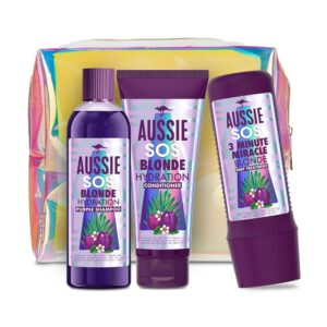 Aussie Blonde Hydration Purple Shampoo & Conditioner 3 Minute Miracle Hair Mask Womens Gift Sets In Make Up Bag