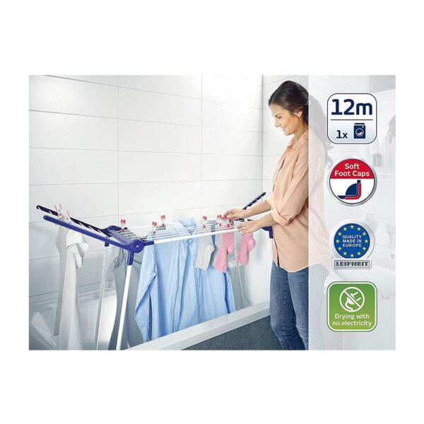 Leifheit Pegasus 120 Solid Compact Clothes Airer 12m Large Drying Area Clothes Rack Horse Stands In Bath Tub - Dark Blue - Image 2