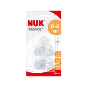 NUK First Choice Baby Bottle Silicone Teats Size 1 Medium Feed Hole Orthodontic Anti-Colic 0-6 Months 2 Count – Transparent