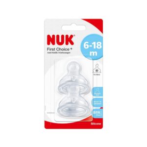 NUK First Choice Baby Bottle Silicone Teats Size 2 Medium Feed Hole Orthodontic Anti-Colic 6-18 Months 2 Count – Transparent