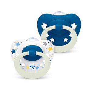 NUK Signature Night Glow-In-The-Dark Baby Soother Dummy Silicone 0-6 Months 2 Count – Blue Stars