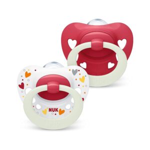 NUK Signature Night Glow-In-The-Dark Baby Soother Dummy Silicone 0-6 Months 2 Count – Red Hearts