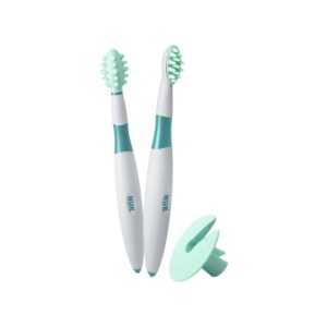 NUK Training Toothbrush Set Baby Dental Care Learning With Protective Ring 2 Pack – Multicolour