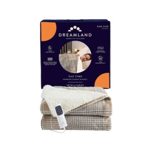 Dreamland Nap Time Heated Electric Blanket Throw With 6 Heat Settings 180cm x 135cm – Velvet Sherpa Beige Tartan Check