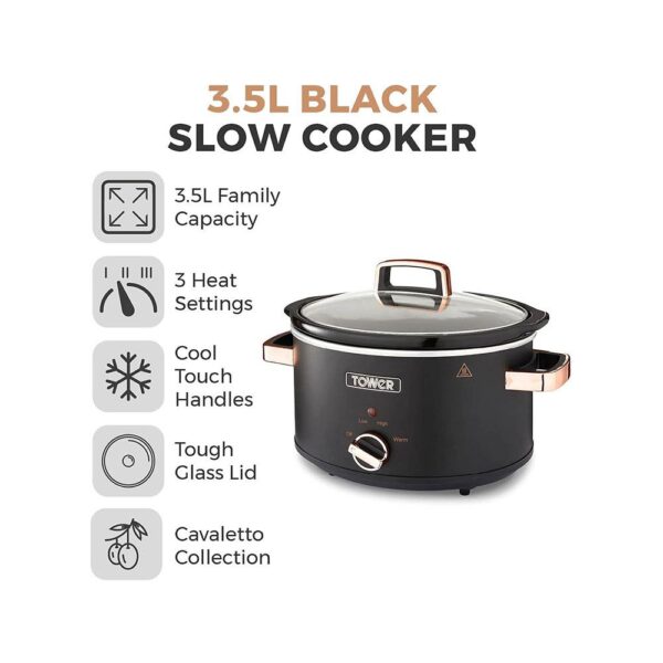 Tower Cavaletto Slow Cooker 3.5 Litre With 3 Heat Settings Removable Pot & Cool Touch Handles - Black & Rose Gold - Image 2