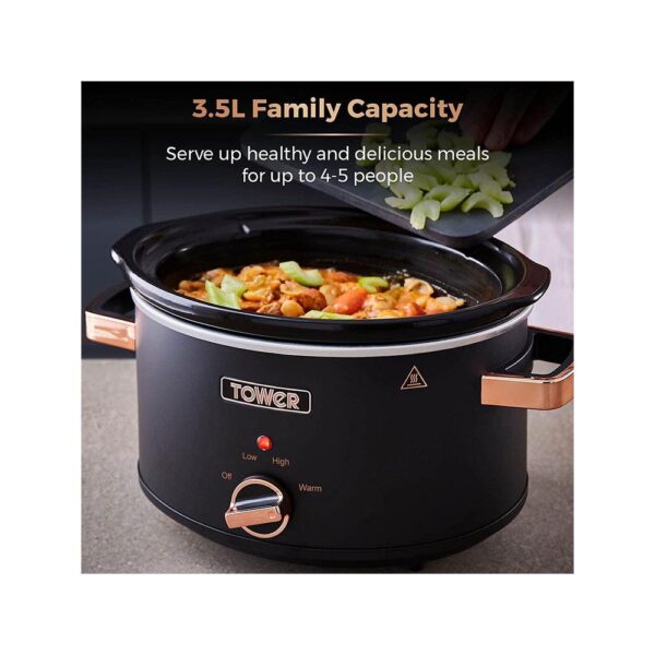 Tower Cavaletto Slow Cooker 3.5 Litre With 3 Heat Settings Removable Pot & Cool Touch Handles - Black & Rose Gold - Image 4