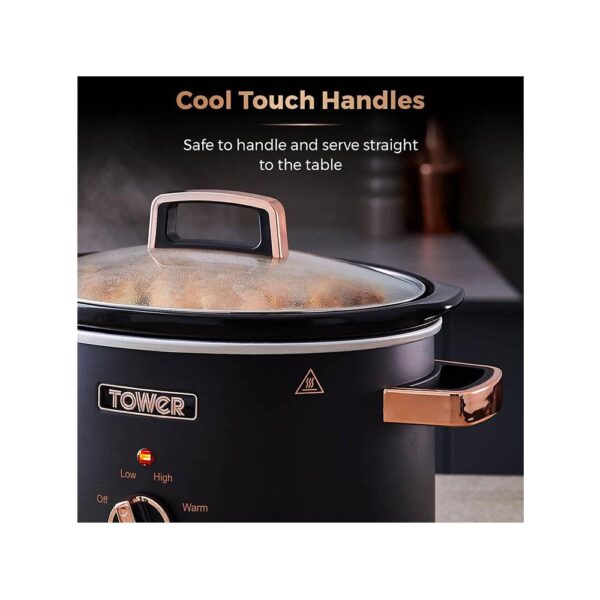 Tower Cavaletto Slow Cooker 3.5 Litre With 3 Heat Settings Removable Pot & Cool Touch Handles - Black & Rose Gold - Image 7