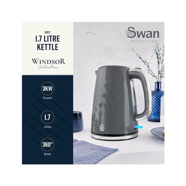 Swan Windsor Rapid Boil Electric Jug Kettle With Removable Limescale Filter 3000W 1.7 Litres - Grey - Image 2