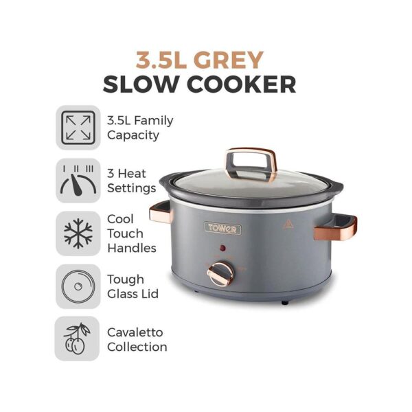 Tower Cavaletto 3.5 Litre Slow Cooker With 3 Heat Settings Removable Pot & Cool Touch Handles - Grey & Rose Gold - Image 2