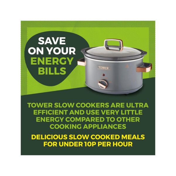 Tower Cavaletto 3.5 Litre Slow Cooker With 3 Heat Settings Removable Pot & Cool Touch Handles - Grey & Rose Gold - Image 3