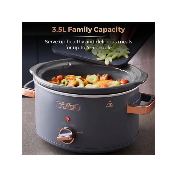 Tower Cavaletto 3.5 Litre Slow Cooker With 3 Heat Settings Removable Pot & Cool Touch Handles - Grey & Rose Gold - Image 4