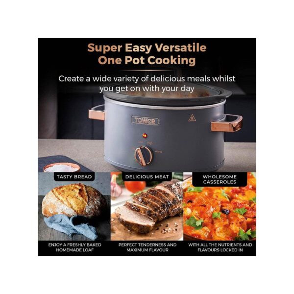 Tower Cavaletto 3.5 Litre Slow Cooker With 3 Heat Settings Removable Pot & Cool Touch Handles - Grey & Rose Gold - Image 5