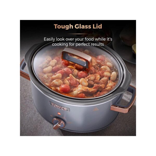 Tower Cavaletto 3.5 Litre Slow Cooker With 3 Heat Settings Removable Pot & Cool Touch Handles - Grey & Rose Gold - Image 8