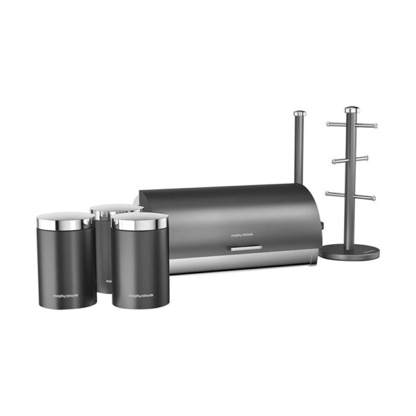 Morphy Richards Accents 6 Piece Storage Set Bread Bin 3 Canisters Towel Pole & Mug Tree Stainless Steel - Titanium