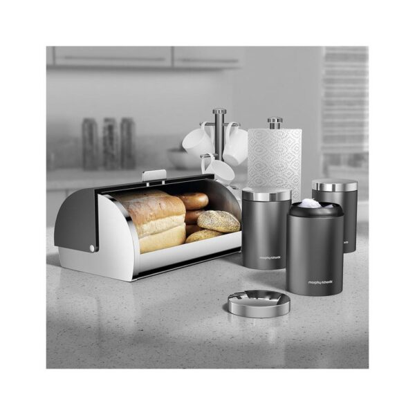 Morphy Richards Accents 6 Piece Storage Set Bread Bin 3 Canisters Towel Pole & Mug Tree Stainless Steel - Titanium - Image 2