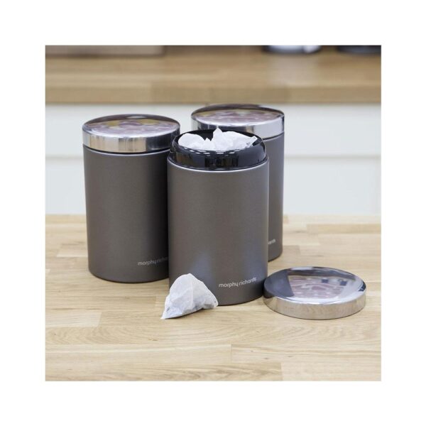 Morphy Richards Accents 6 Piece Storage Set Bread Bin 3 Canisters Towel Pole & Mug Tree Stainless Steel - Titanium - Image 4