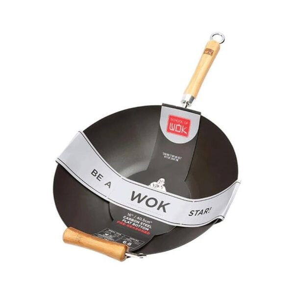 School of Wok 16 Inch Pre Seasoned Wok Carbon Steel With Helper Handle - Black