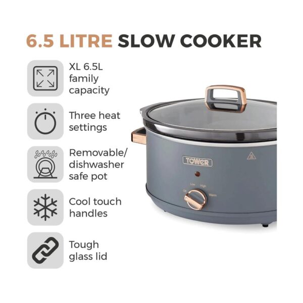 Tower Cavaletto Slow Cooker 6.5 Litre With 3 Heat Settings 300W - Grey And Rose Gold - Image 2