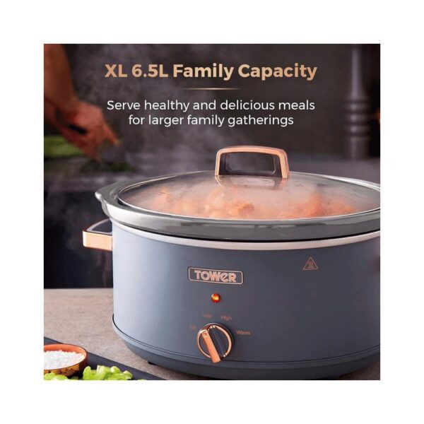 Tower Cavaletto Slow Cooker 6.5 Litre With 3 Heat Settings 300W - Grey And Rose Gold - Image 3