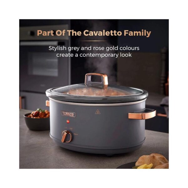 Tower Cavaletto Slow Cooker 6.5 Litre With 3 Heat Settings 300W - Grey And Rose Gold - Image 8