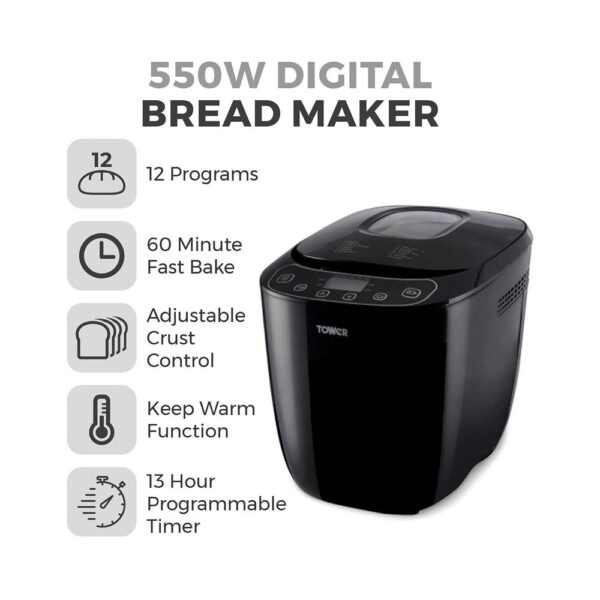 Tower Digital Bread Maker With 12 Automatic Programs 13 Hours Timer Adjustable Crust Control Gluten Free 550W 2lb - Black - Image 2