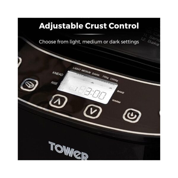 Tower Digital Bread Maker With 12 Automatic Programs 13 Hours Timer Adjustable Crust Control Gluten Free 550W 2lb - Black - Image 5