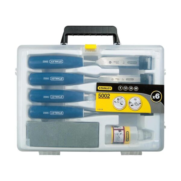 Stanley 5002 Series 6,12,18,25mm Wood Chisel Set With Sharpening Stone And Oil - Multicolour - Image 2