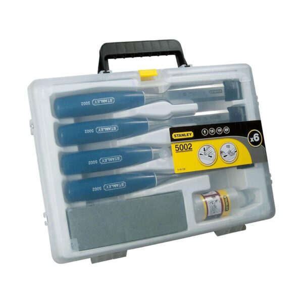 Stanley 5002 Series 6,12,18,25mm Wood Chisel Set With Sharpening Stone And Oil - Multicolour - Image 3