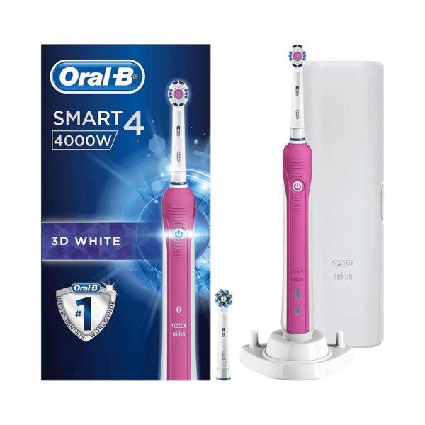 Oral-B Smart 4 3D White Electric Toothbrushes 2 Toothbrush Heads & Travel Case 3 Modes - Pink