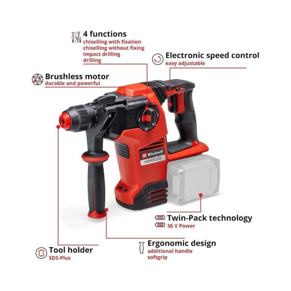 Einhell HEROCCO 36/28 Professional 36V Cordless Rotary Hammer SDS Plus Power X-Change - Red - Image 3