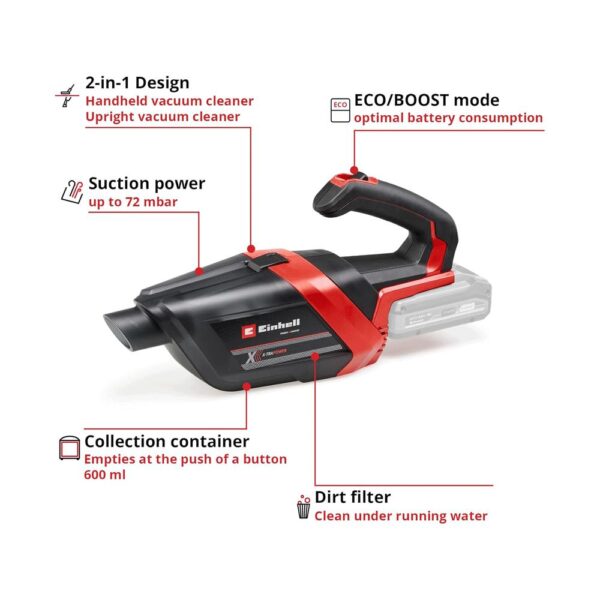 Einhell TE-HV 18/06 Li - Solo Cordless Handheld Vacuum Cleaner - Red/Black - Image 3