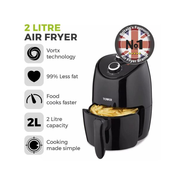 Tower Vortx Compact Manual Air Fryer 2 Litre With Rapid Air Circulation 1000W - Black - Image 2