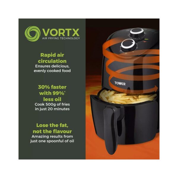 Tower Vortx Compact Manual Air Fryer 2 Litre With Rapid Air Circulation 1000W - Black - Image 3